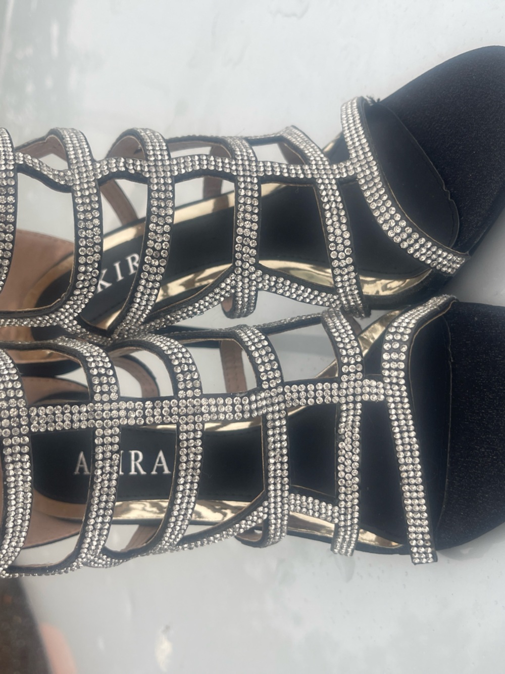AKIRA Black Rhinestone Cage Heels